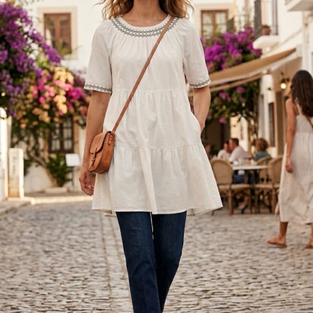 Old Navy White Boho Tiered Embroidered Tunic Dress Size M Pockets